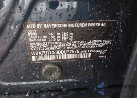 2013 BMW 535I xDrive from USA, damaged, VIN WBAFU7C53DDU77578